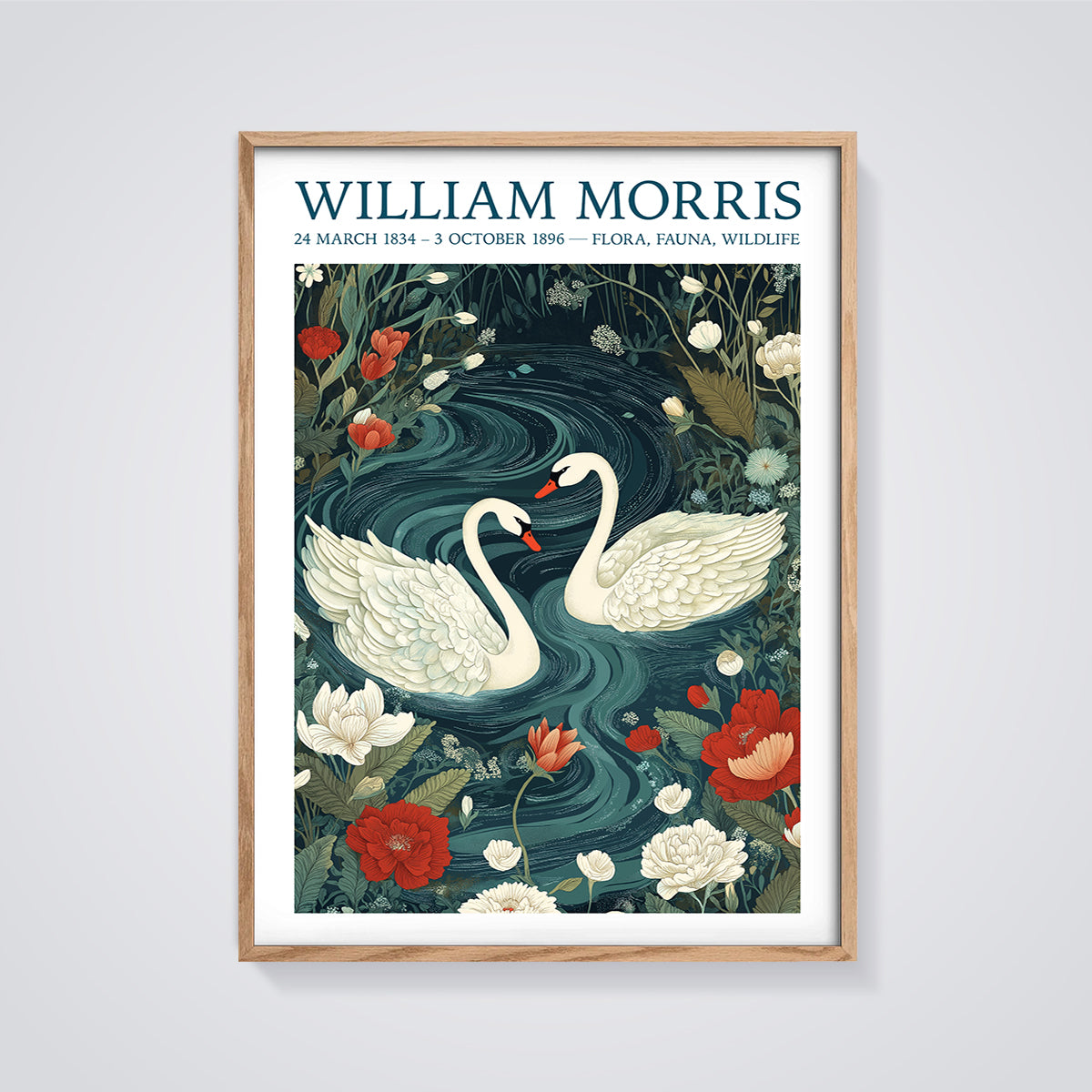 William Morris Swans & Flora Print framed in oak on a grey background