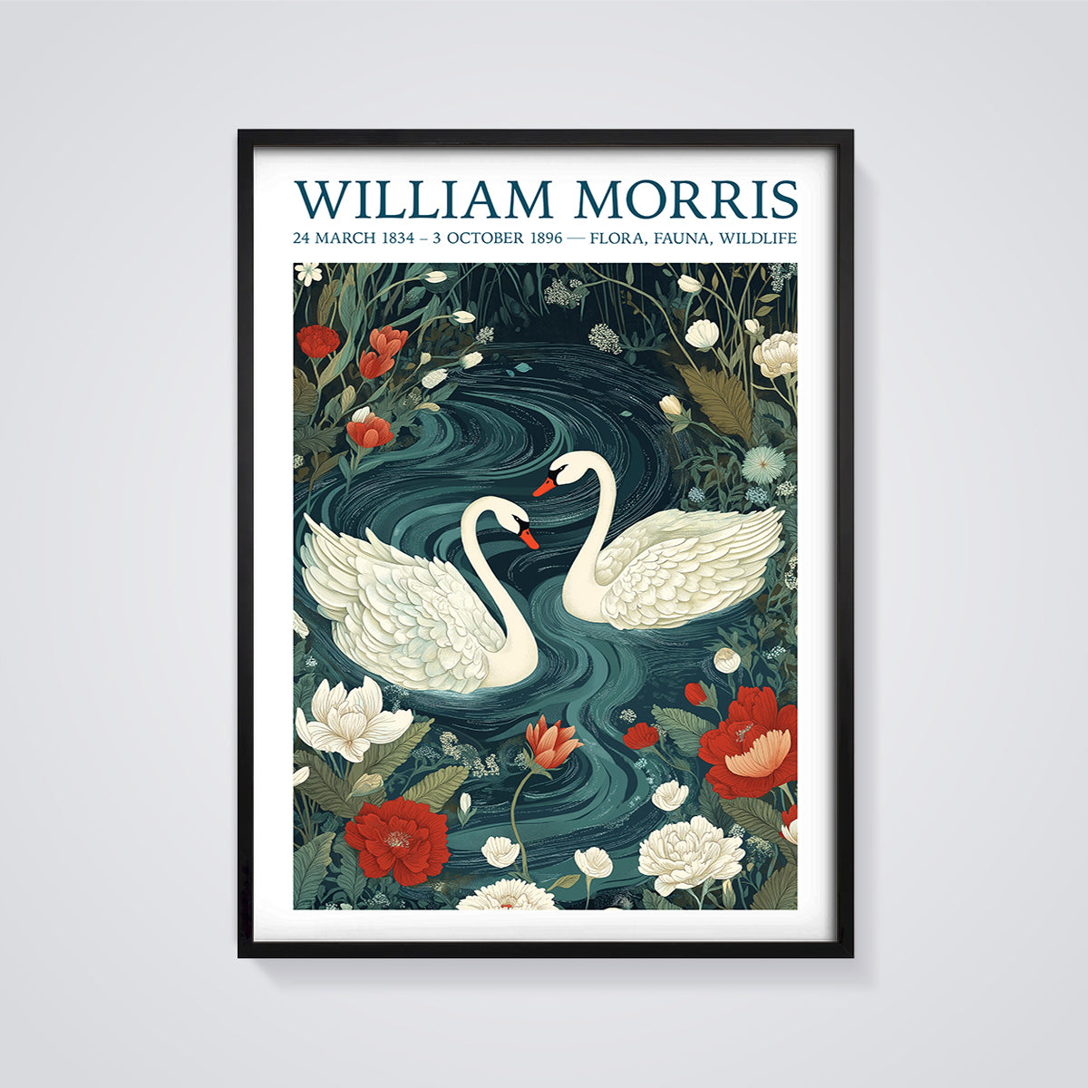 William Morris Swans & Flora Print framed in black on a grey background