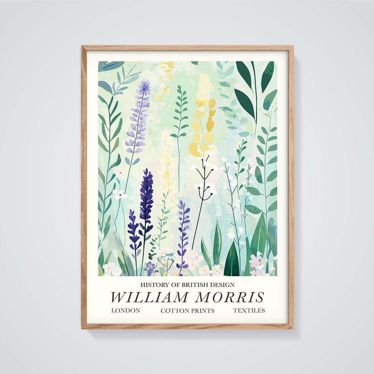 William Morris Wildflower Pattern Print framed in oak on a grey background