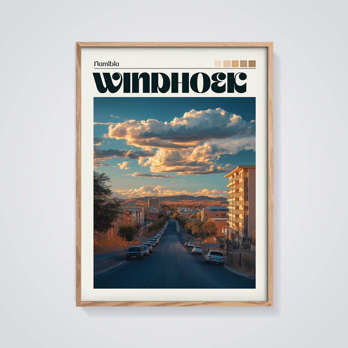 Windhoek Namibia Cityscape Print framed in oak on a grey background