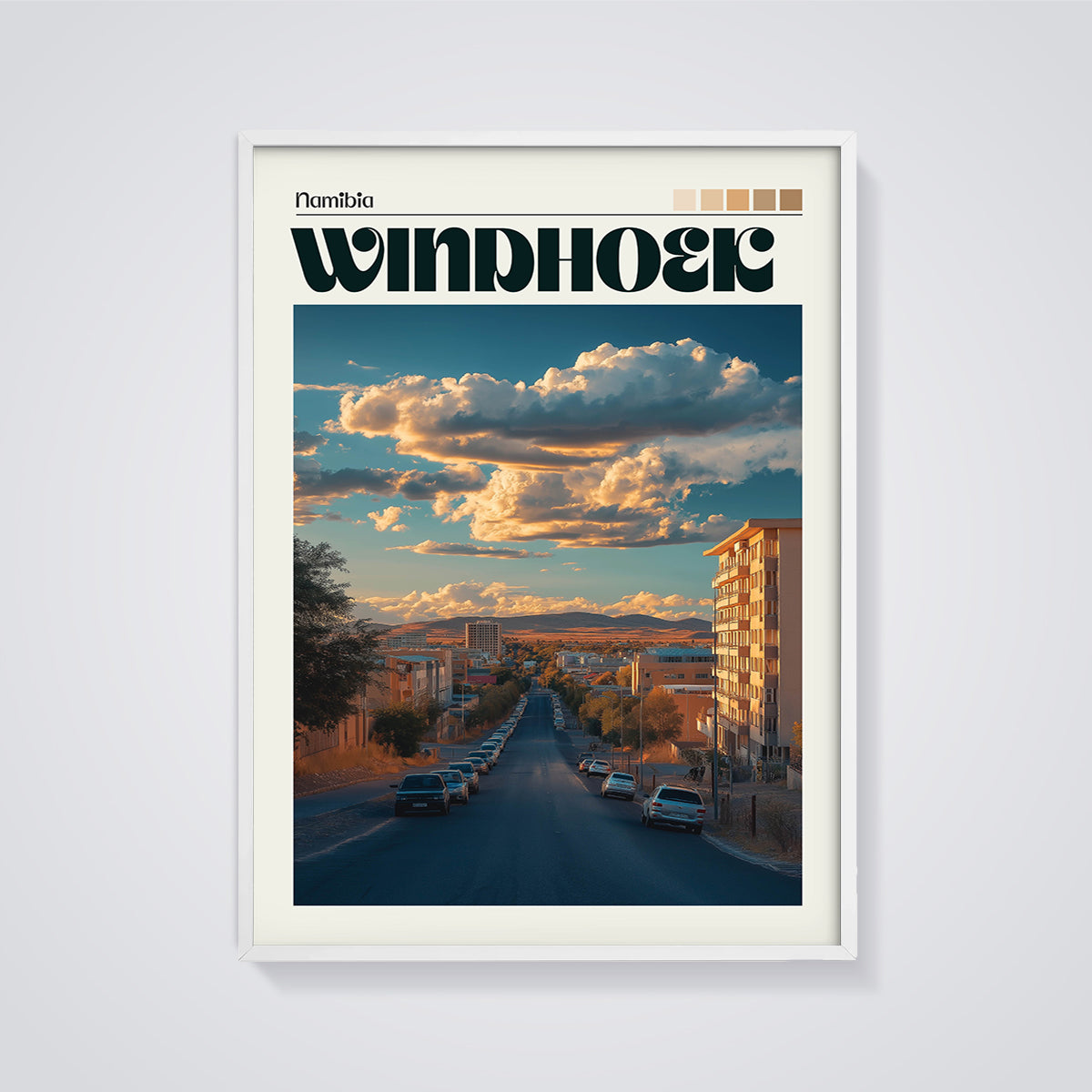 Windhoek Namibia Cityscape Print framed in white on a grey background