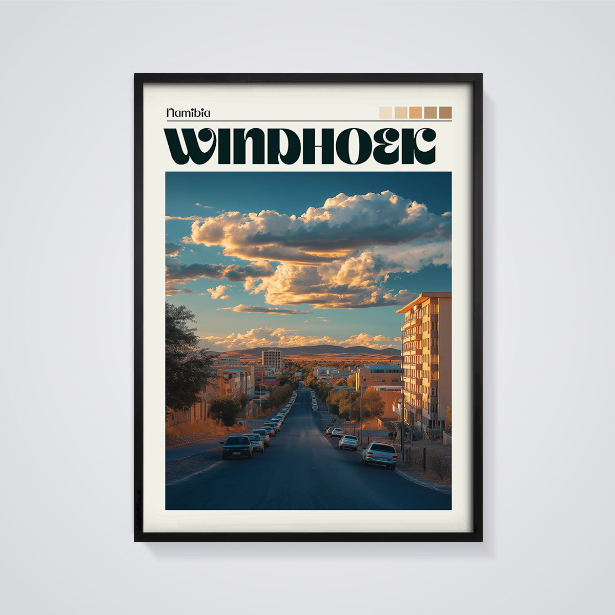 Windhoek Namibia Cityscape Print framed in black on a grey background