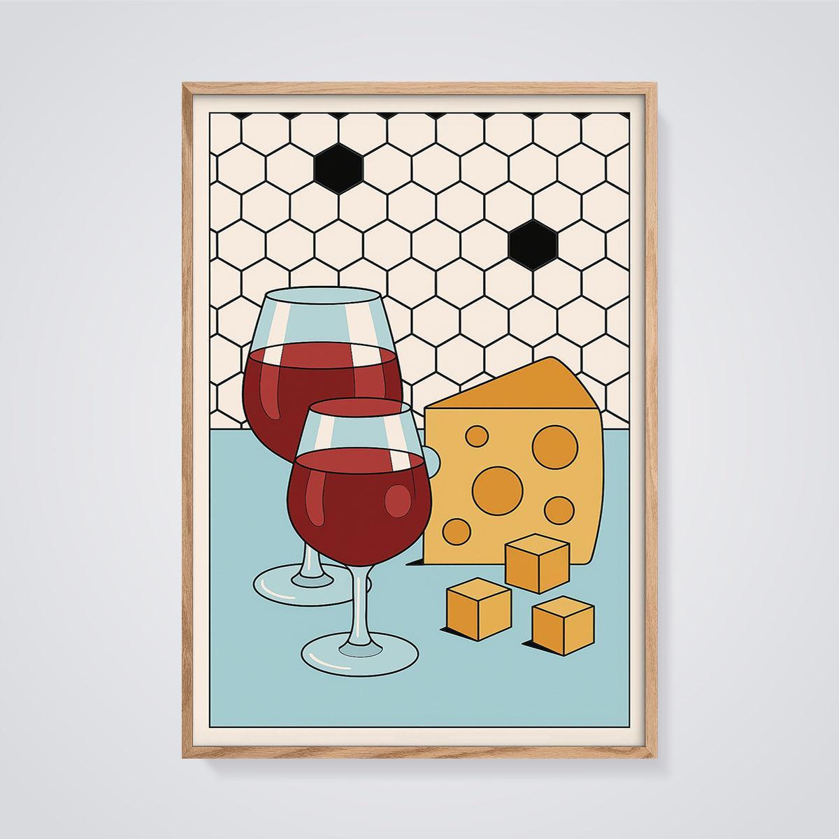 Wine and Cheese Pairing Print framed in oak on a grey background
