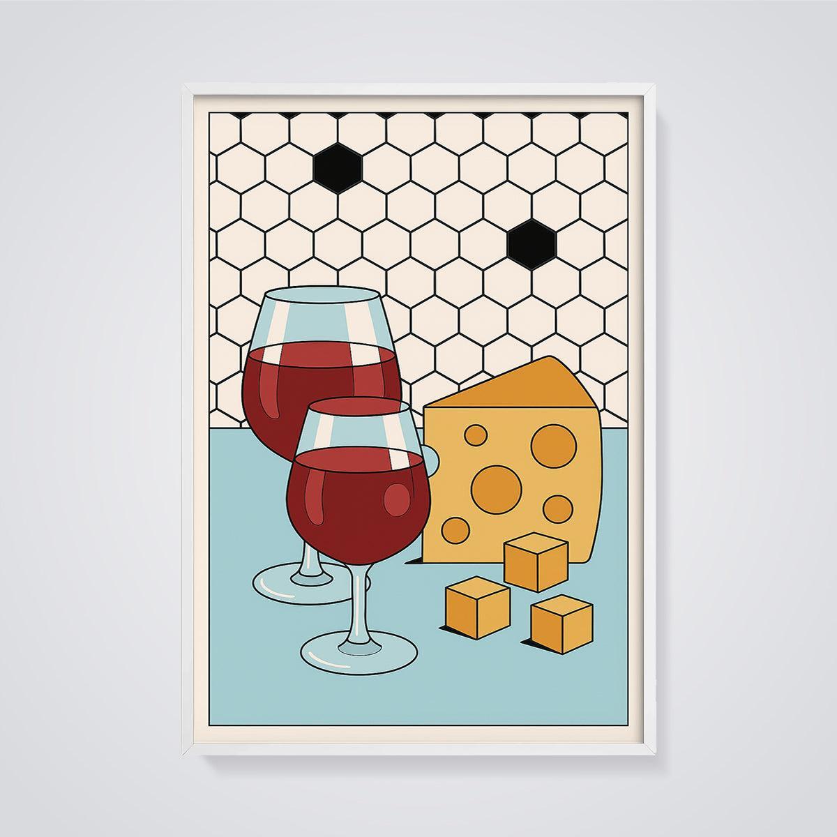 Wine and Cheese Pairing Print framed in white on a grey background