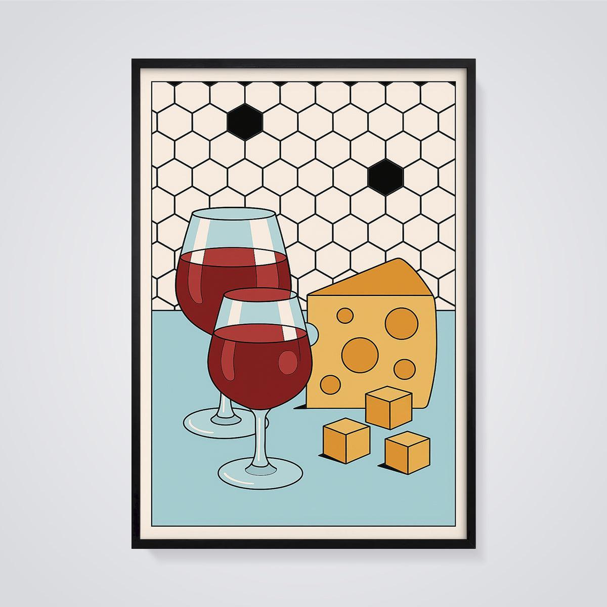 Wine and Cheese Pairing Print framed in black on a grey background