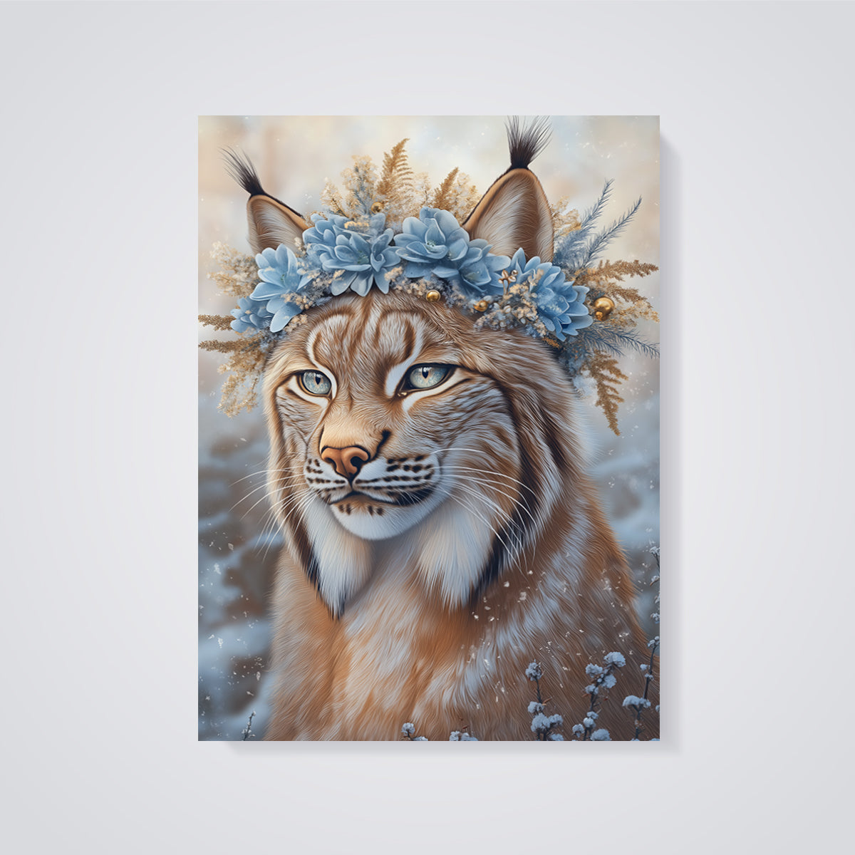 Winter Lynx Blue Floral Crown Print unframed on a grey background