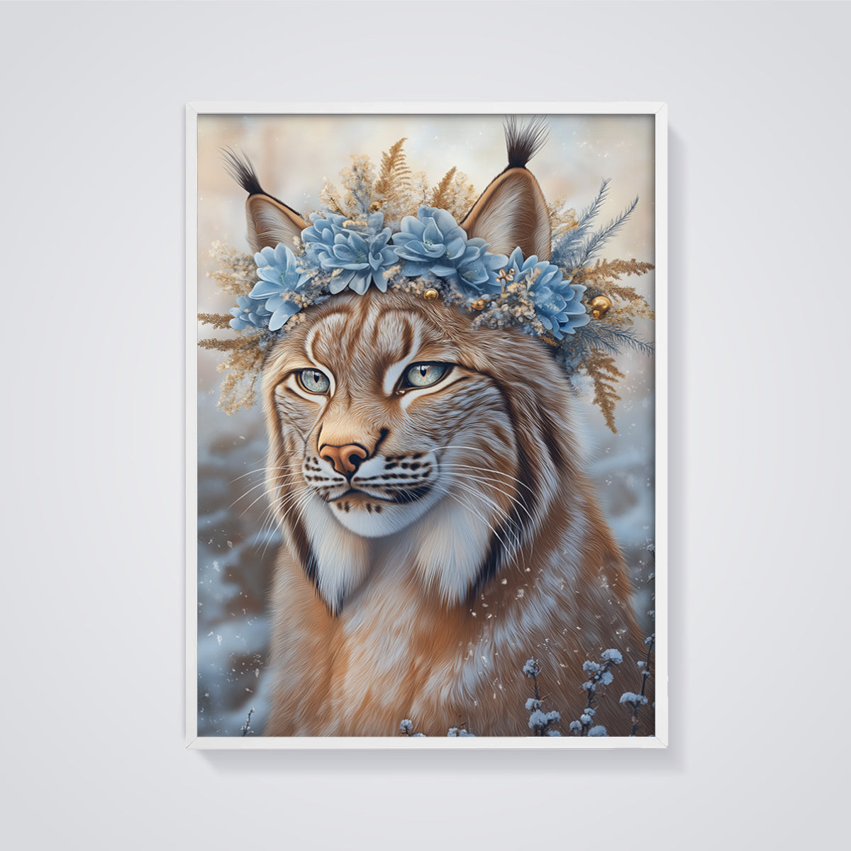 Winter Lynx Blue Floral Crown Print framed in white on a grey background