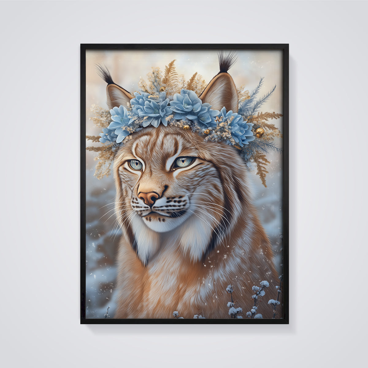 Winter Lynx Blue Floral Crown Print framed in black on a grey background