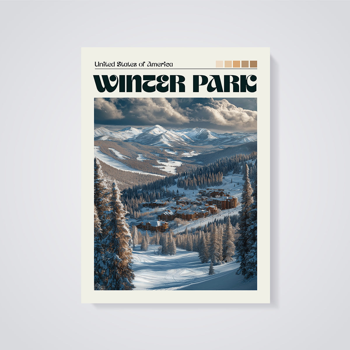 Winter Park Mountain Village Print unframed on a grey background