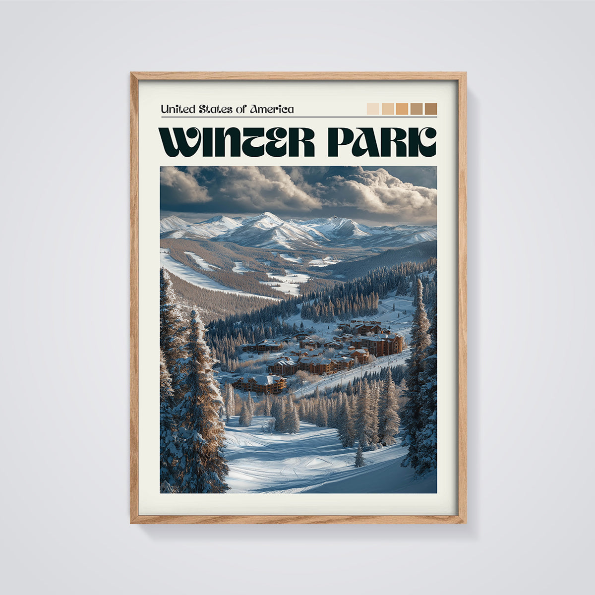 Winter Park Mountain Village Print framed in oak on a grey background