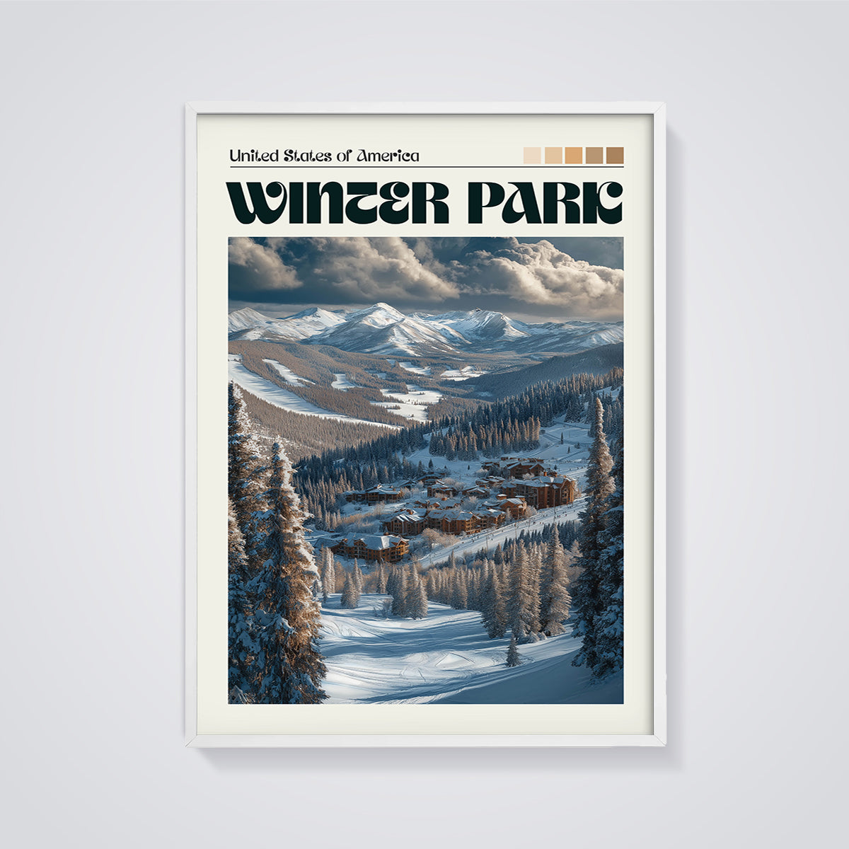 Winter Park Mountain Village Print framed in white on a grey background