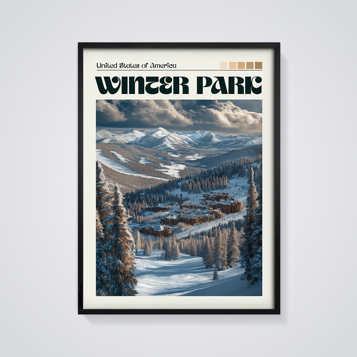 Winter Park Mountain Village Print framed in black on a grey background