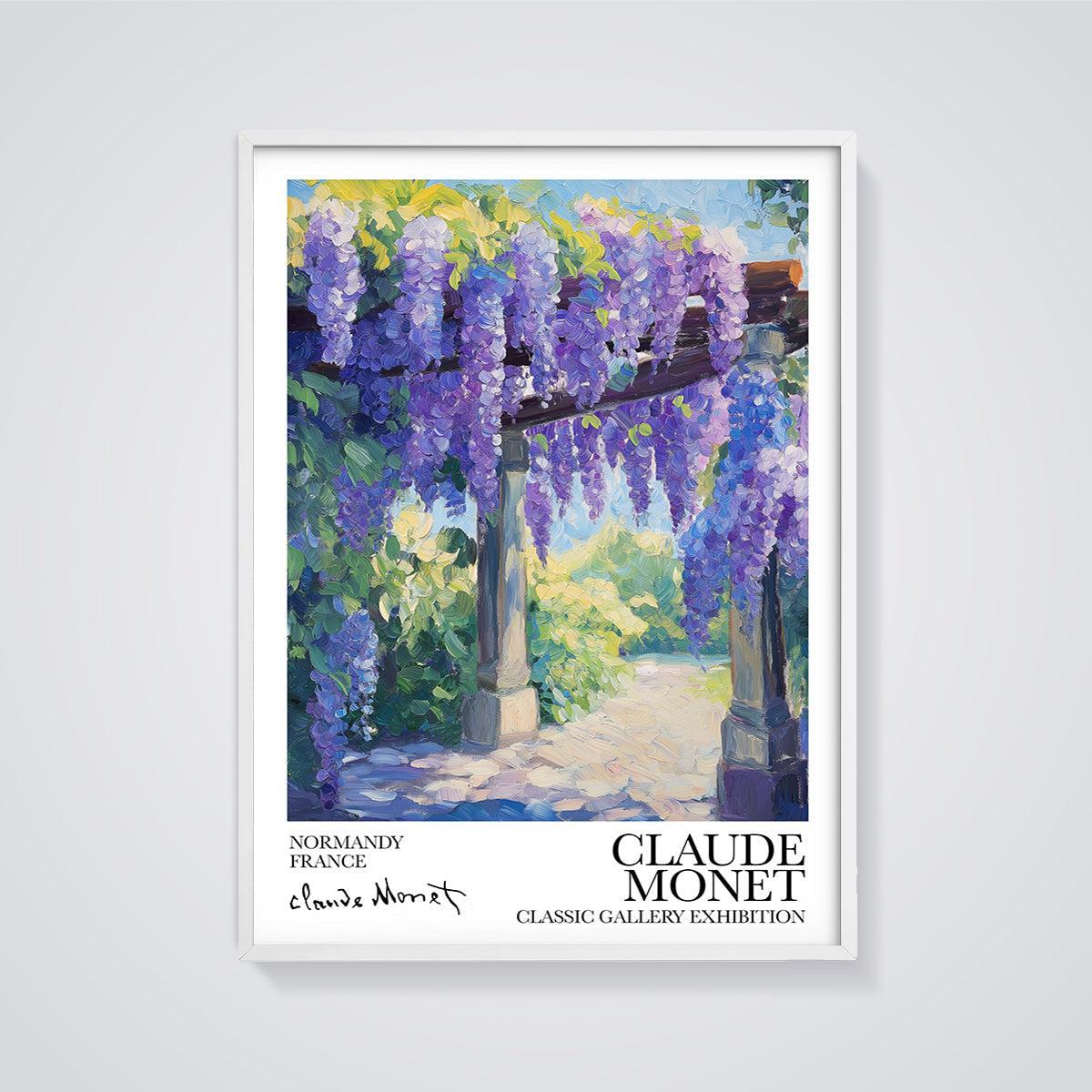 Wisteria Garden Path Print framed in white on a grey background