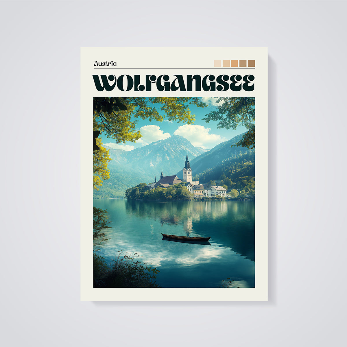 Wolfgangsee Austria Lake Print unframed on a grey background