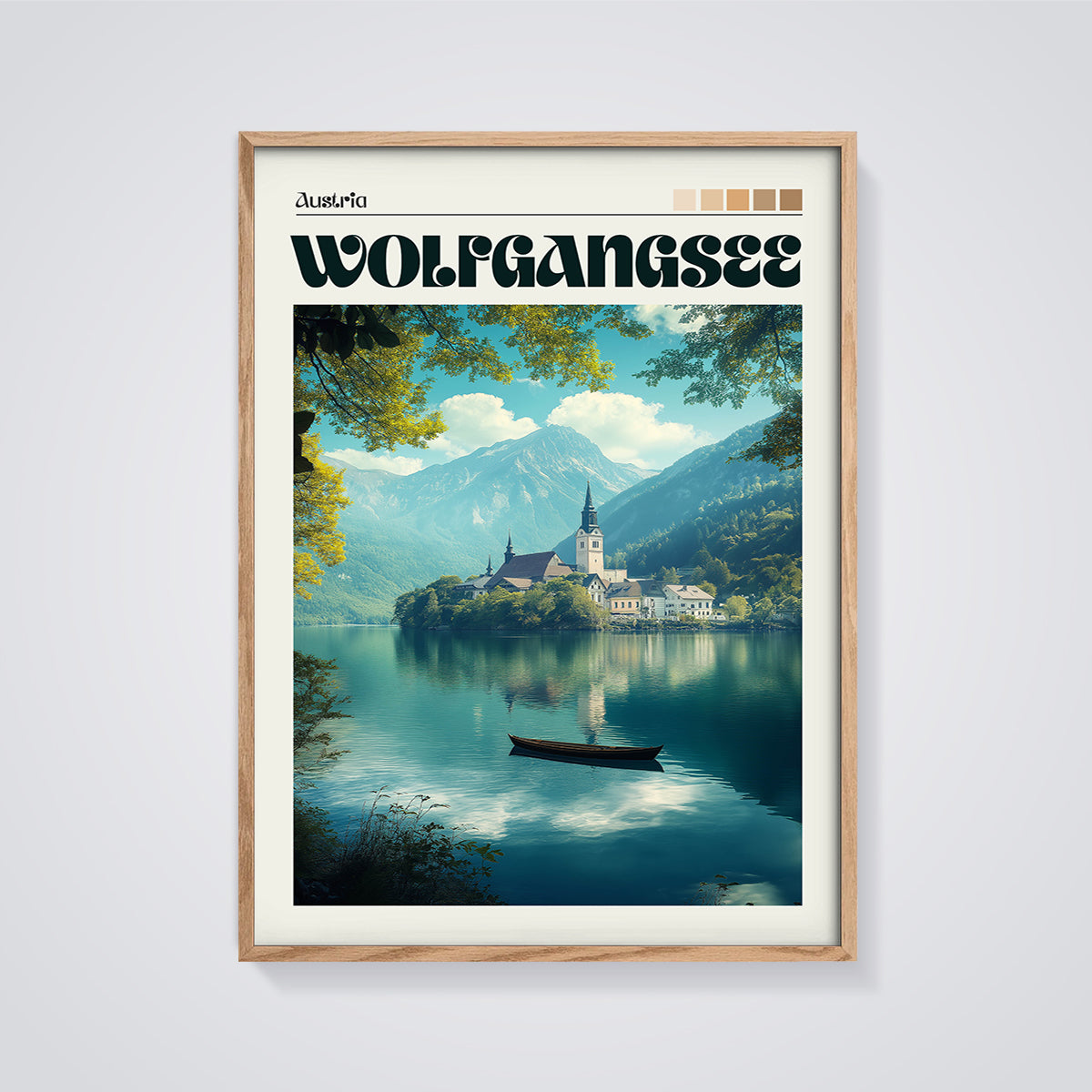 Wolfgangsee Austria Lake Print framed in oak on a grey background