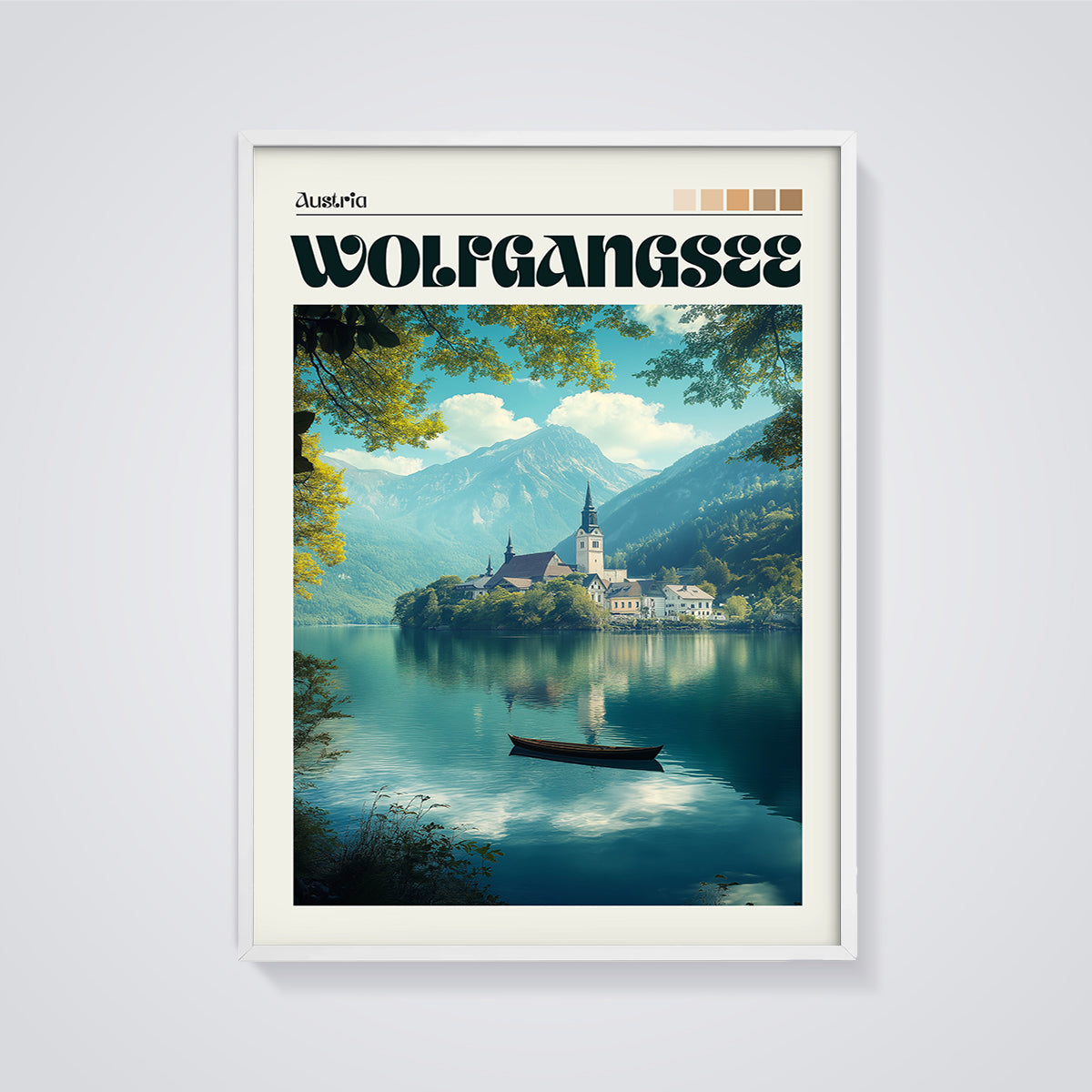 Wolfgangsee Austria Lake Print framed in white on a grey background