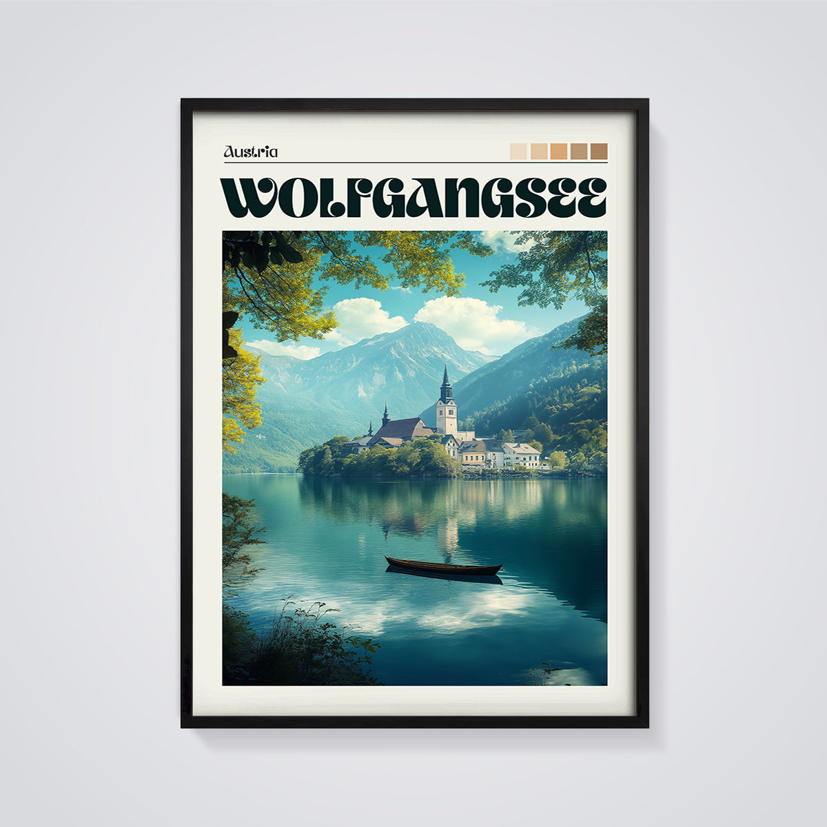 Wolfgangsee Austria Lake Print framed in black on a grey background