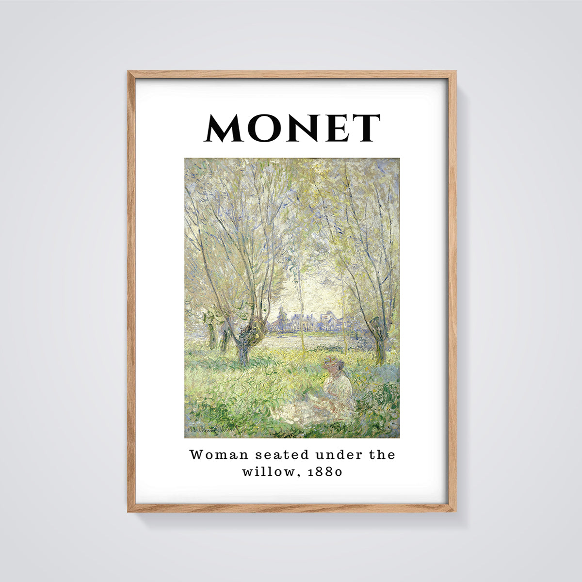 Woman Seated Under the Willow, 1880 Monet Print framed in oak on a grey background