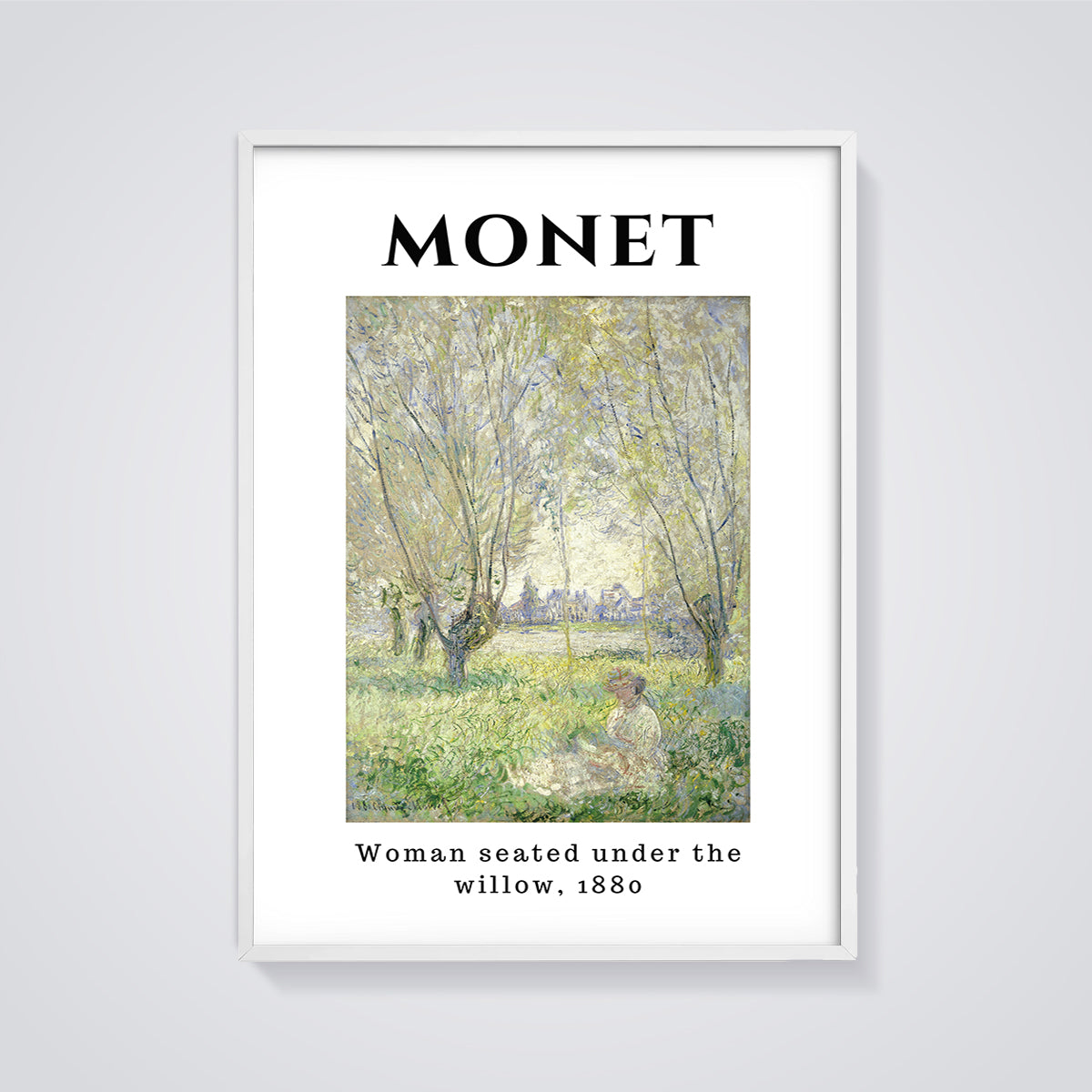 Woman Seated Under the Willow, 1880 Monet Print framed in white on a grey background
