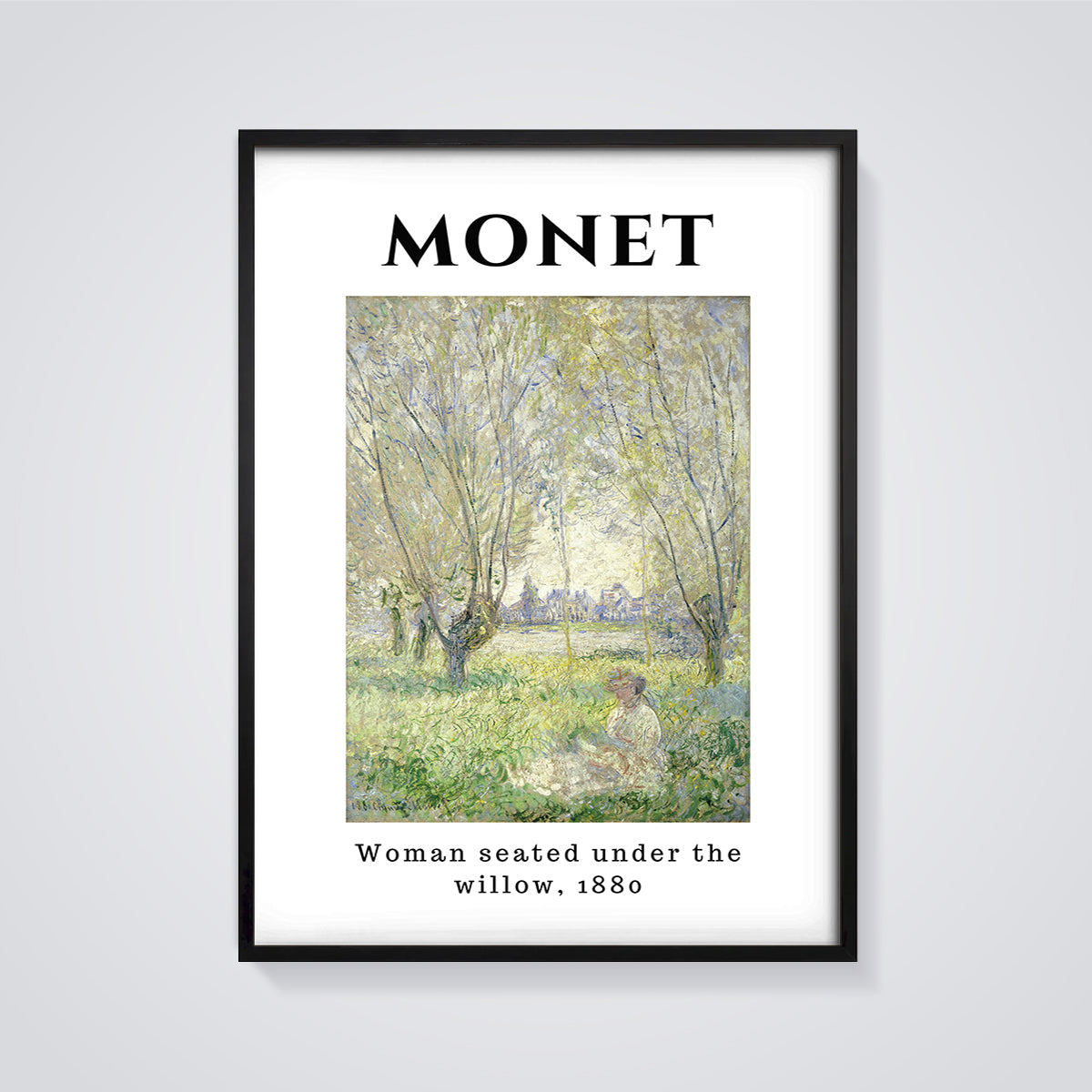 Woman Seated Under the Willow, 1880 Monet Print framed in black on a grey background