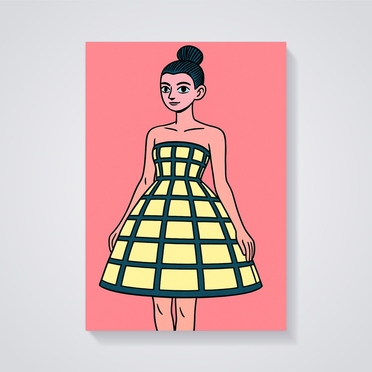 Woman in Grid Dress Print unframed on a grey background