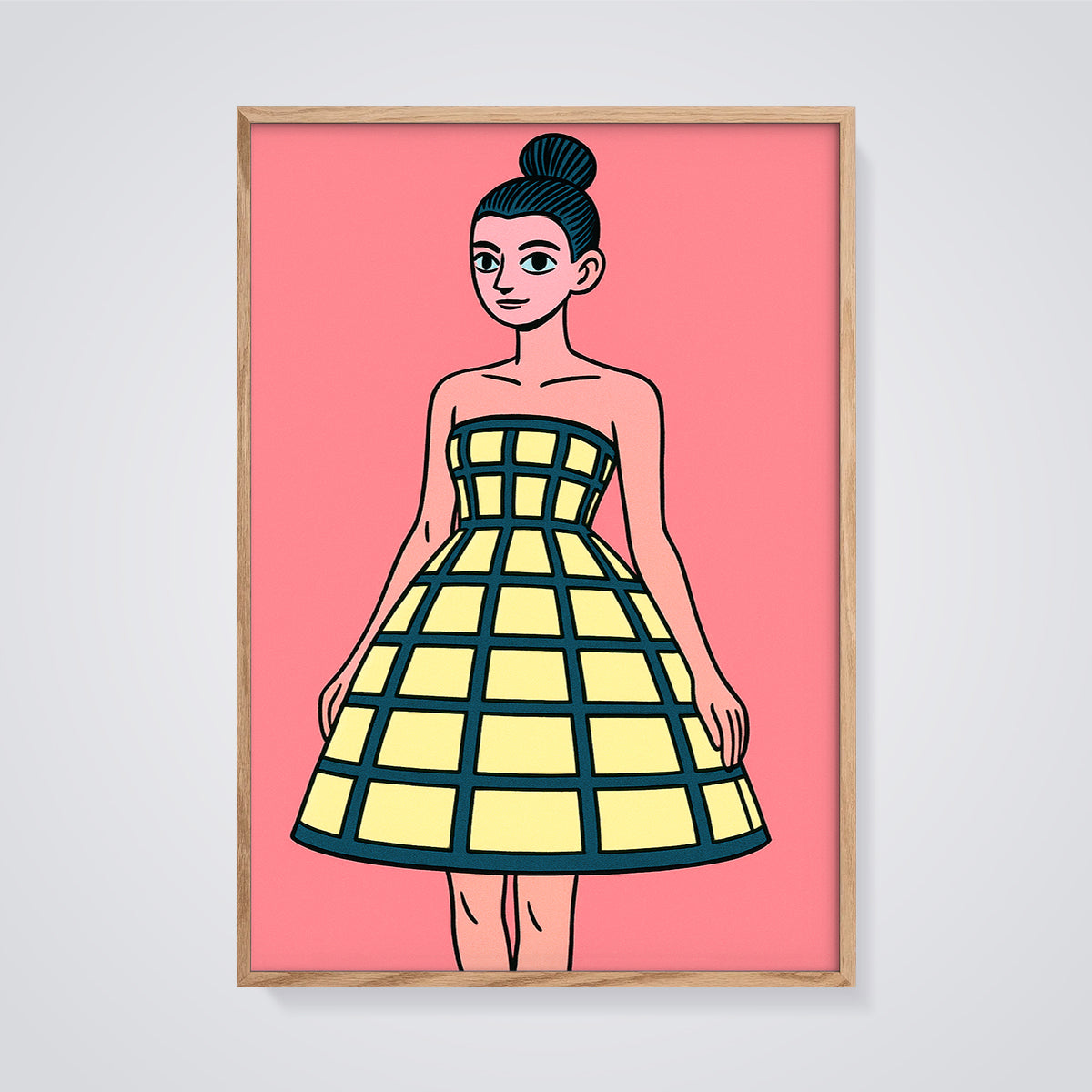 Woman in Grid Dress Print framed in oak on a grey background