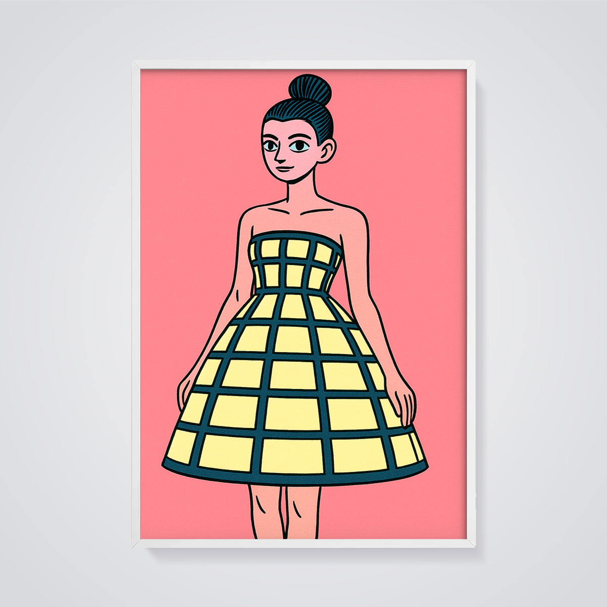 Woman in Grid Dress Print framed in white on a grey background