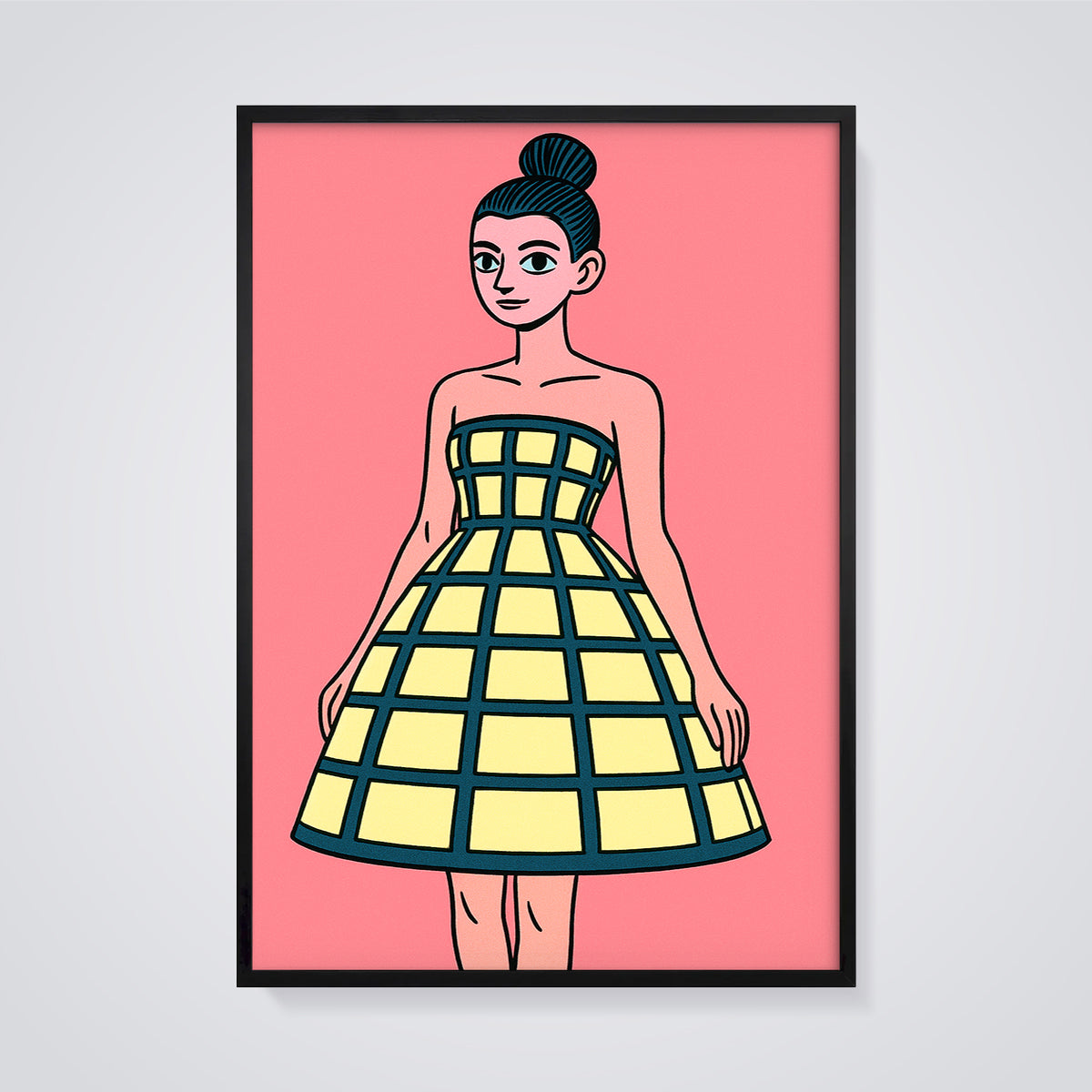 Woman in Grid Dress Print framed in black on a grey background
