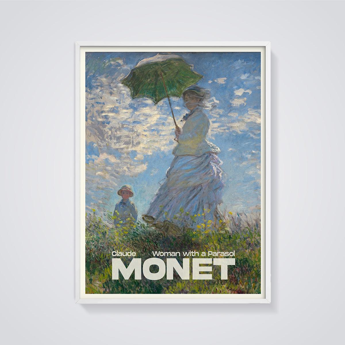 Woman with a Parasol Monet Print framed in white on a grey background