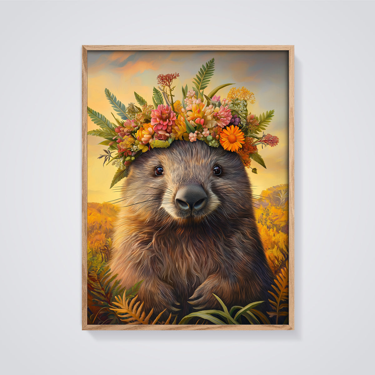 Wombat with Flower Crown Print framed in oak on a grey background