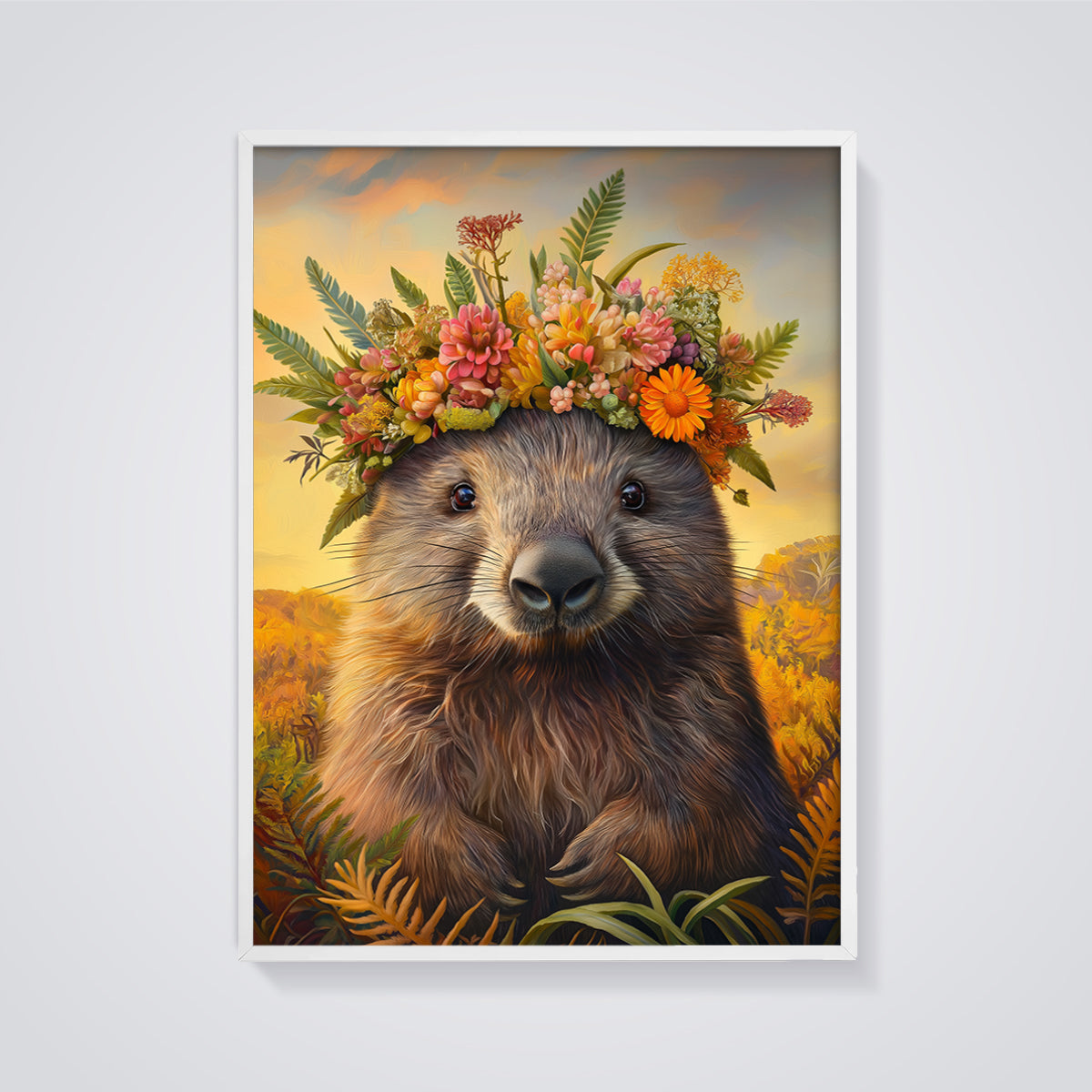 Wombat with Flower Crown Print framed in white on a grey background
