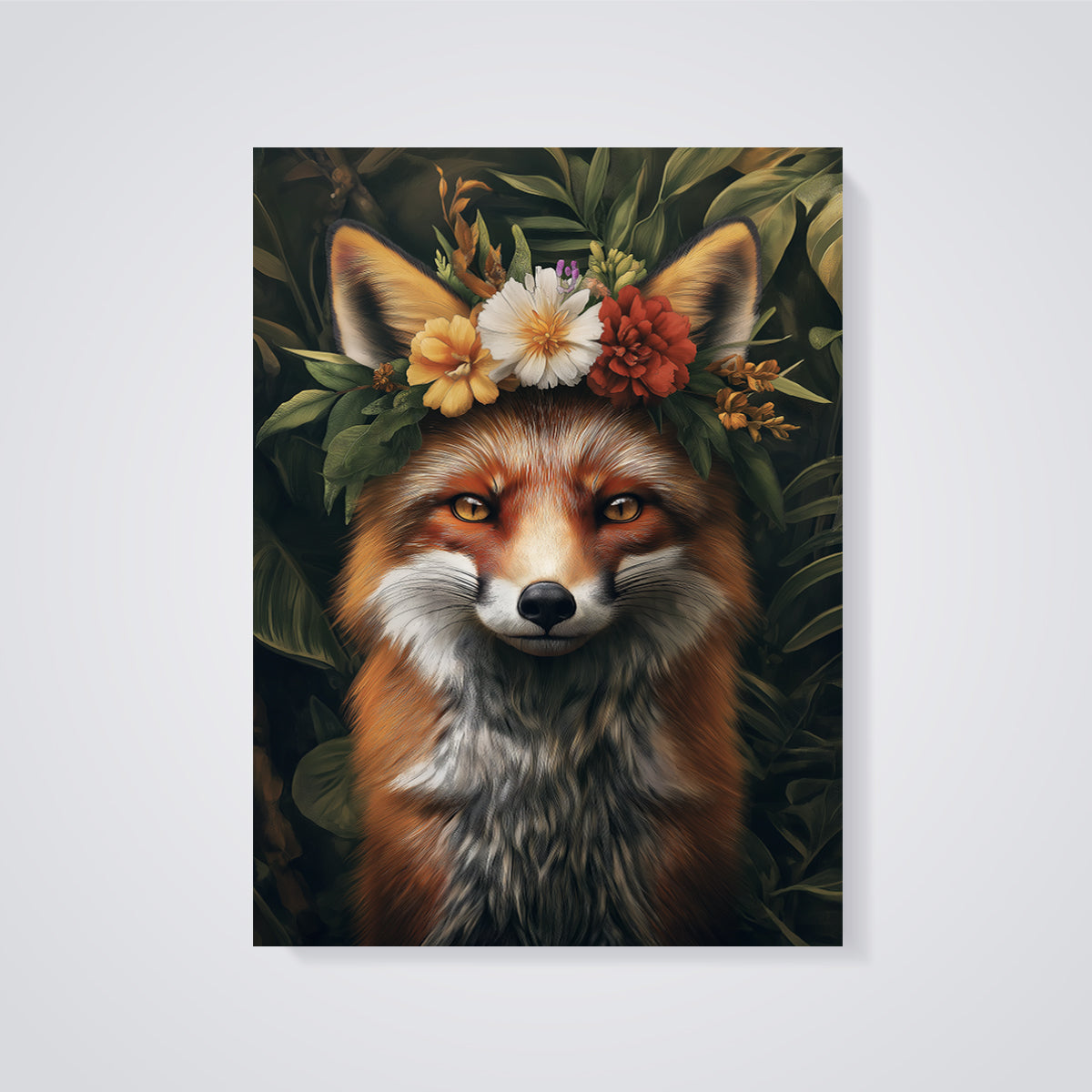 Woodland Fox Floral Print unframed on a grey background