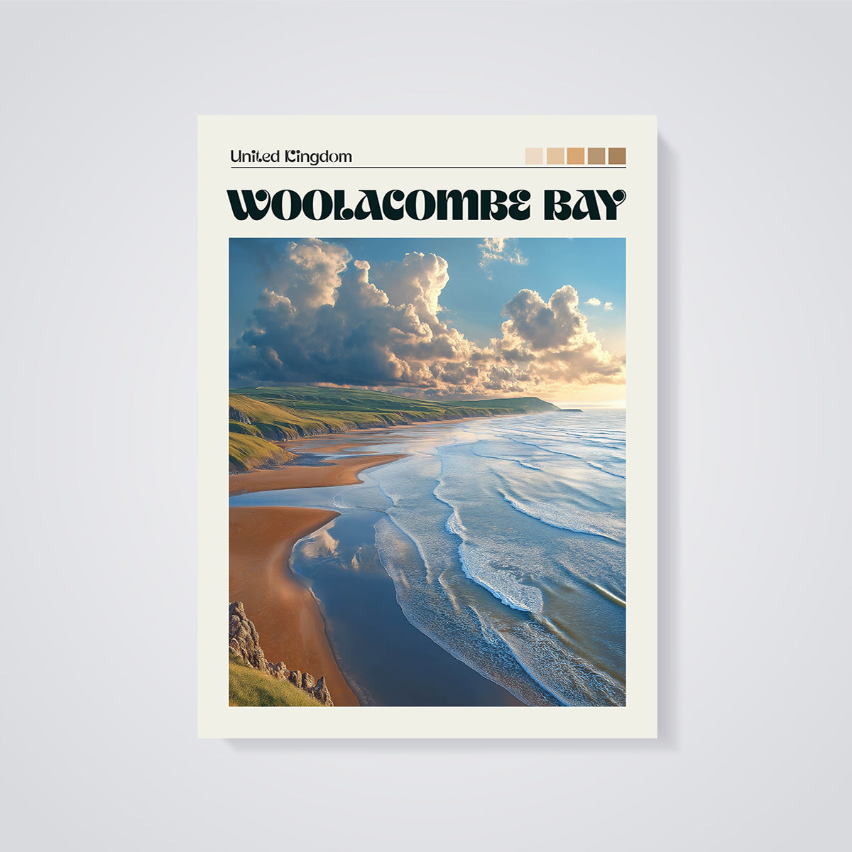 Woolacombe Bay Beach Print unframed on a grey background