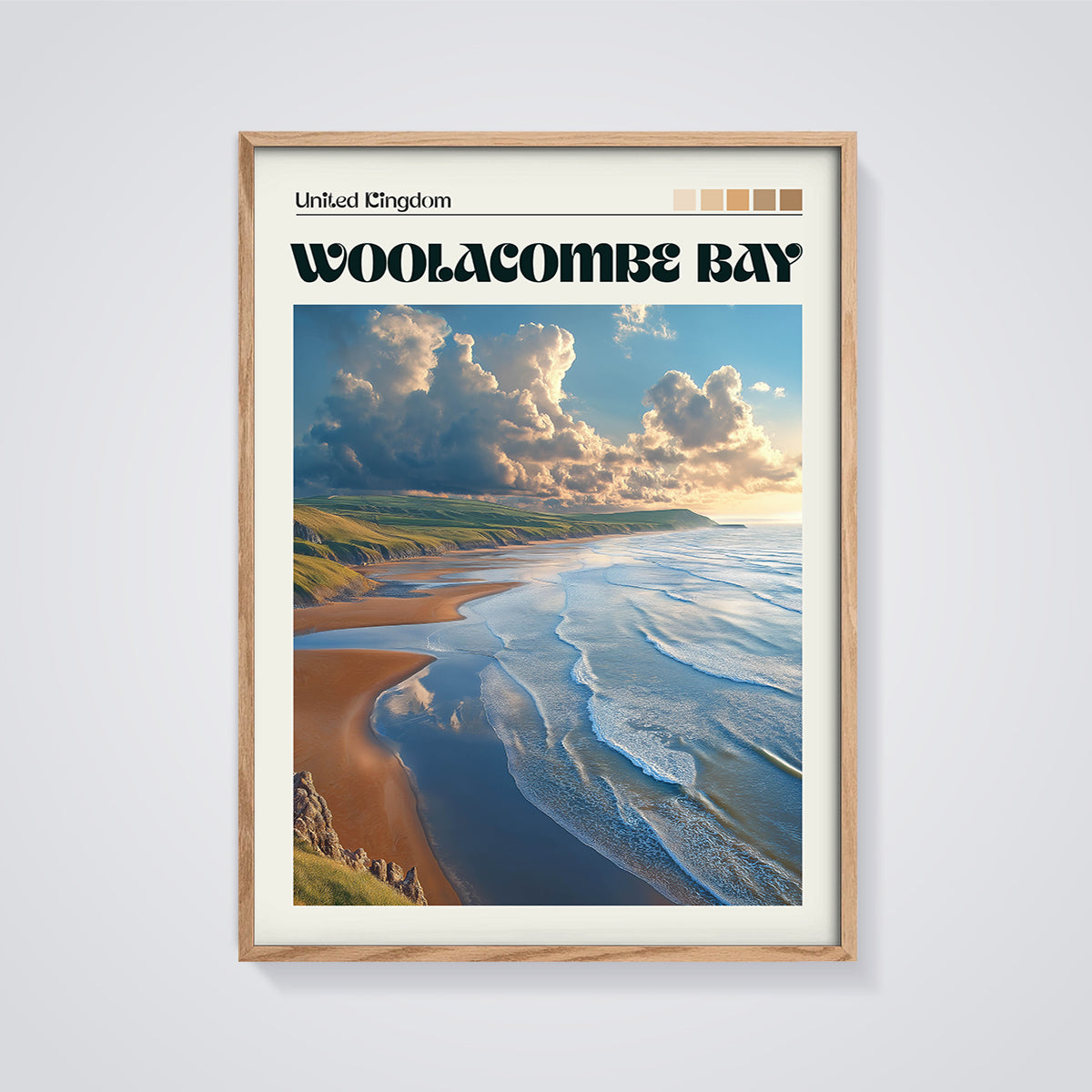 Woolacombe Bay Beach Print framed in oak on a grey background