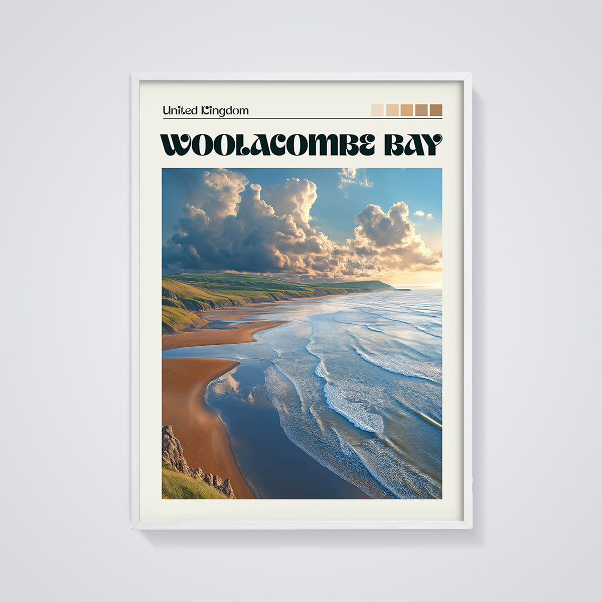 Woolacombe Bay Beach Print framed in white on a grey background