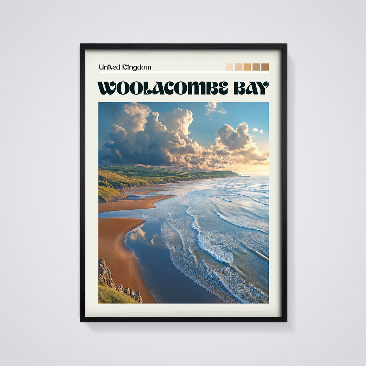 Woolacombe Bay Beach Print framed in black on a grey background
