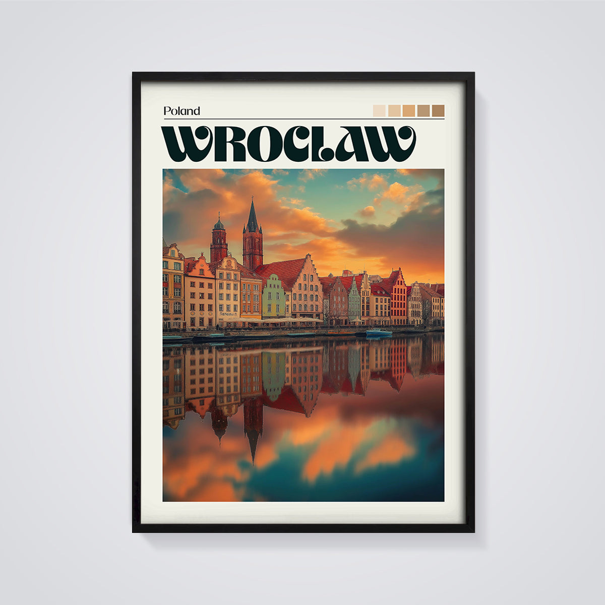 Wrocław Sunset Reflection Print framed in black on a grey background
