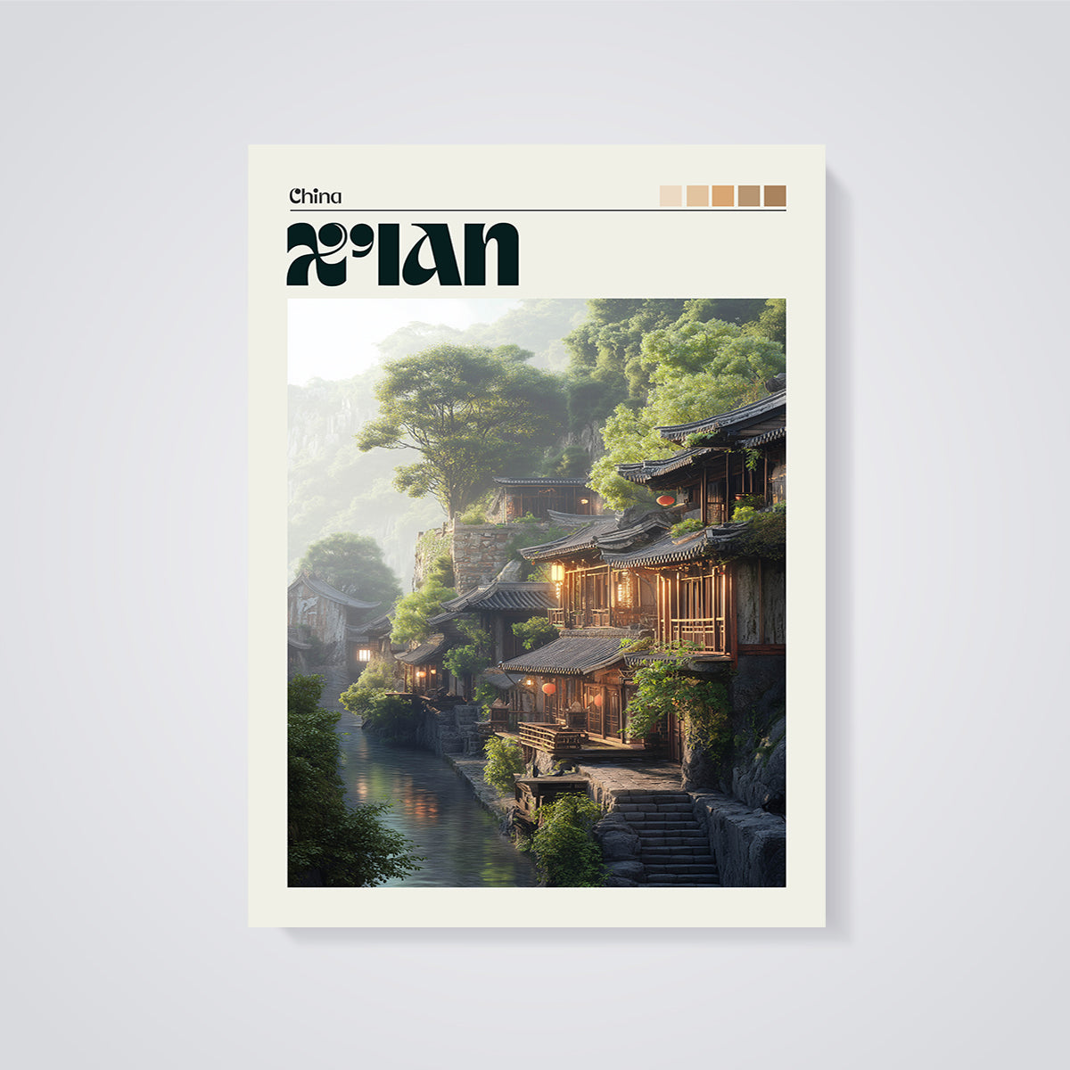 Xi'an Riverside Village Print unframed on a grey background