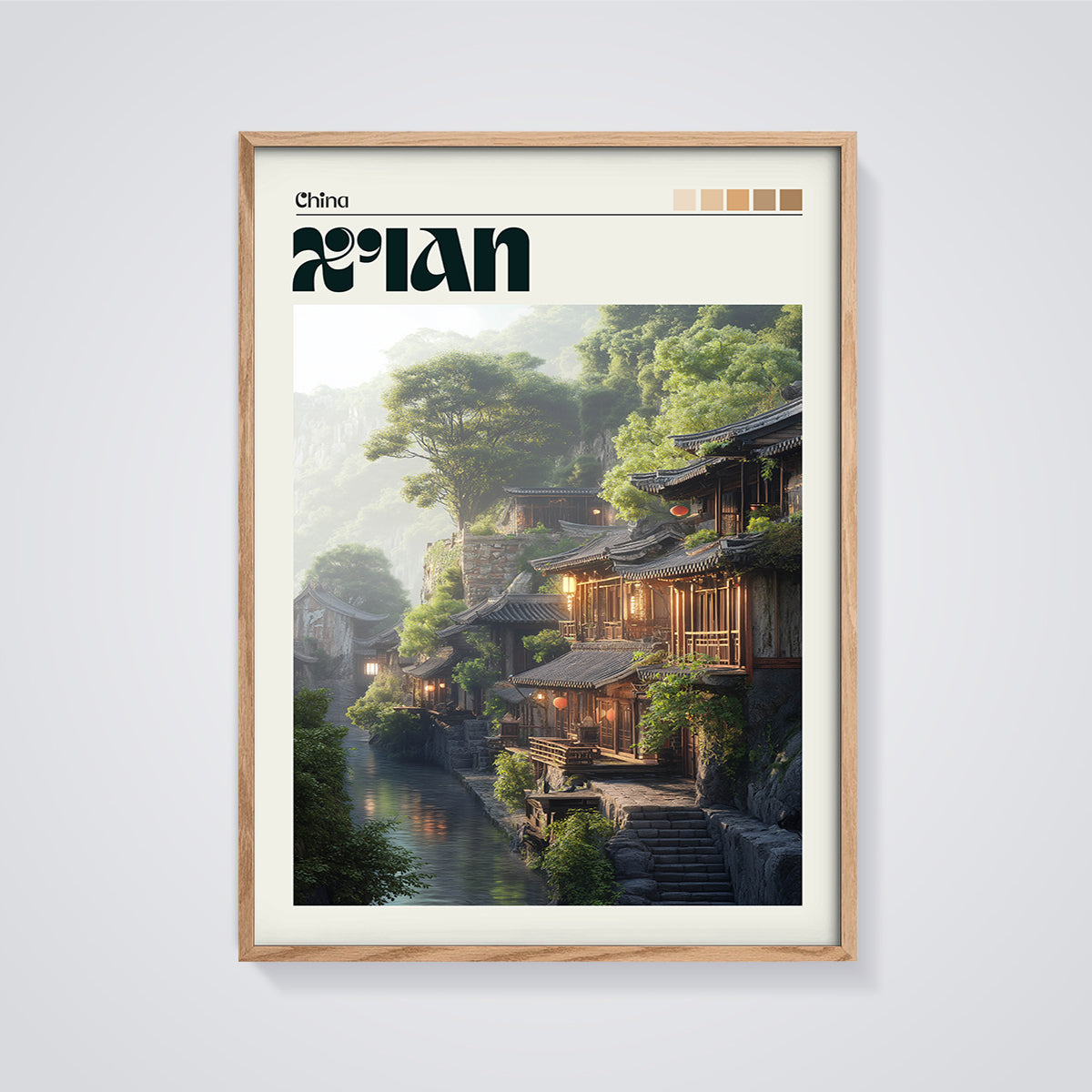 Xi'an Riverside Village Print framed in oak on a grey background
