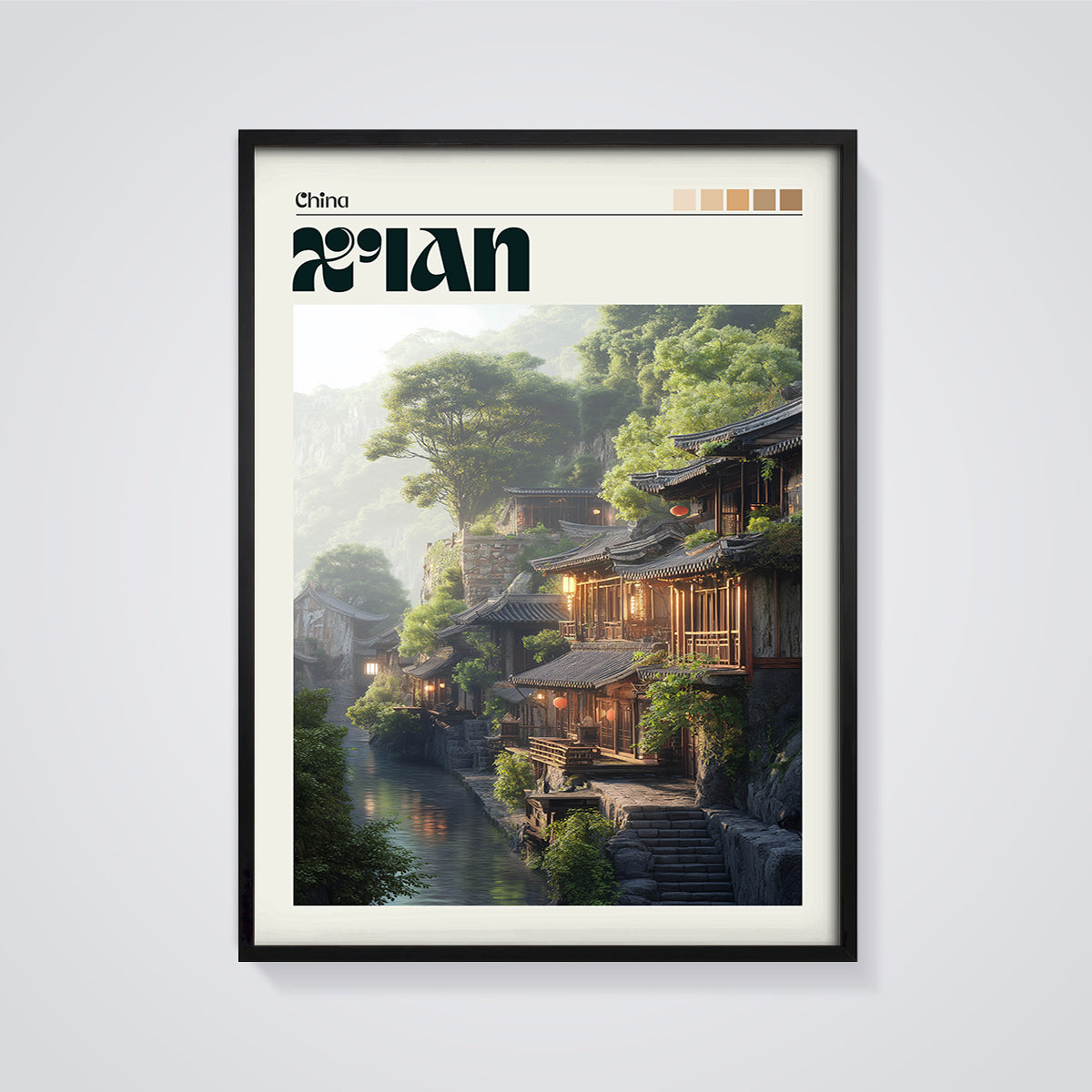 Xi'an Riverside Village Print framed in black on a grey background