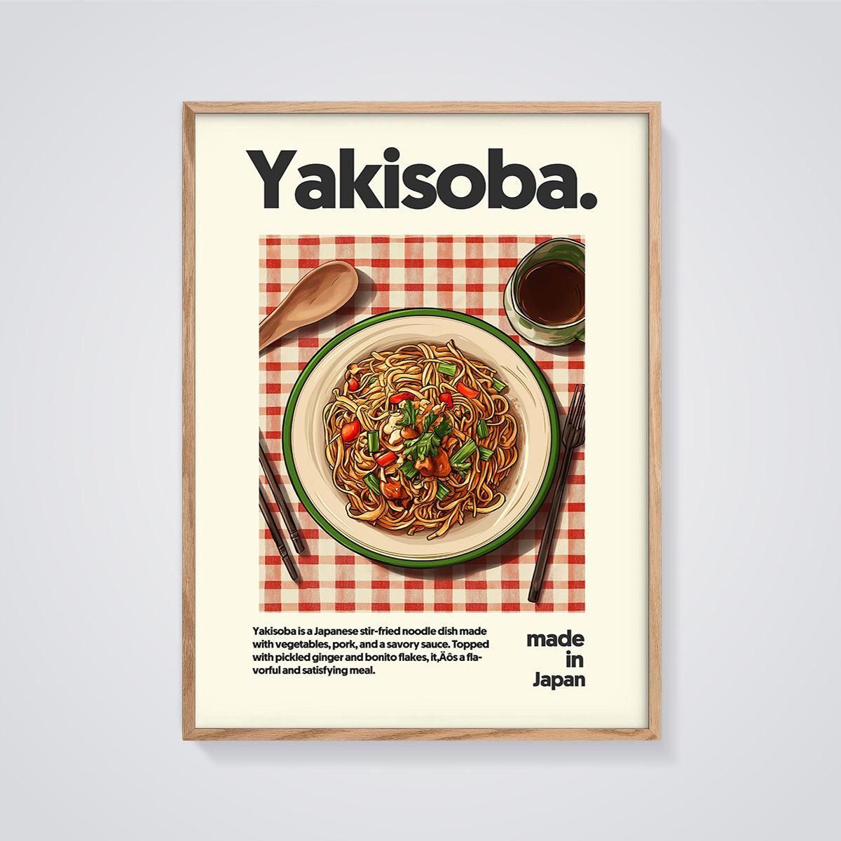 Yakisoba Noodle Dish Print framed in oak on a grey background