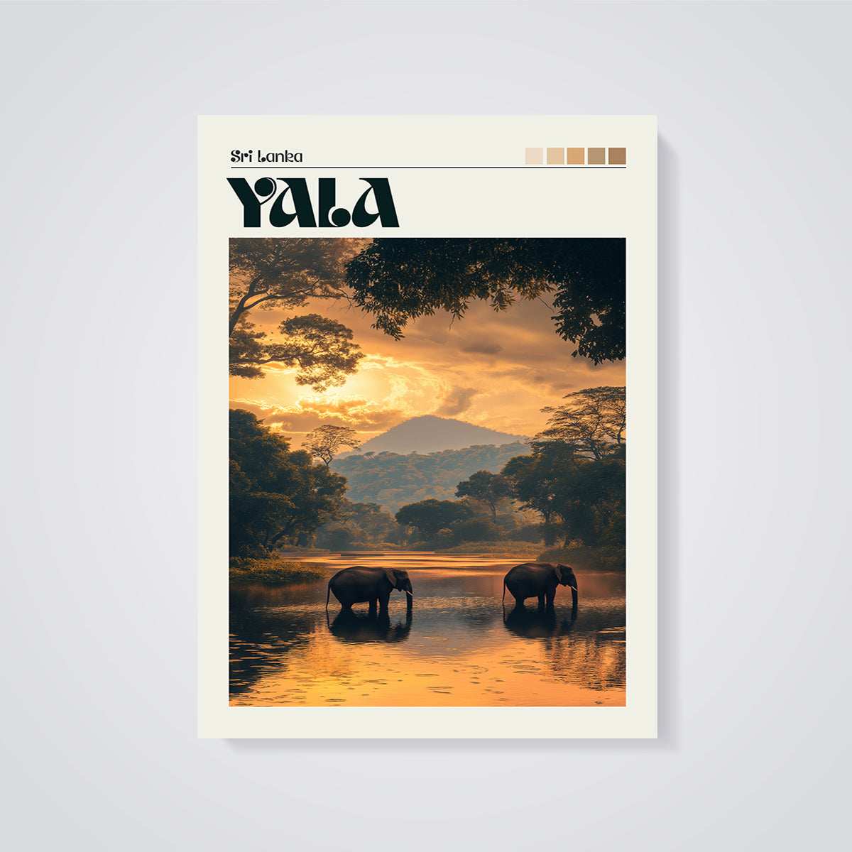 Yala Sri Lanka Elephants Sunset Print unframed on a grey background