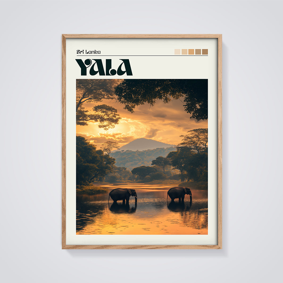 Yala Sri Lanka Elephants Sunset Print framed in oak on a grey background