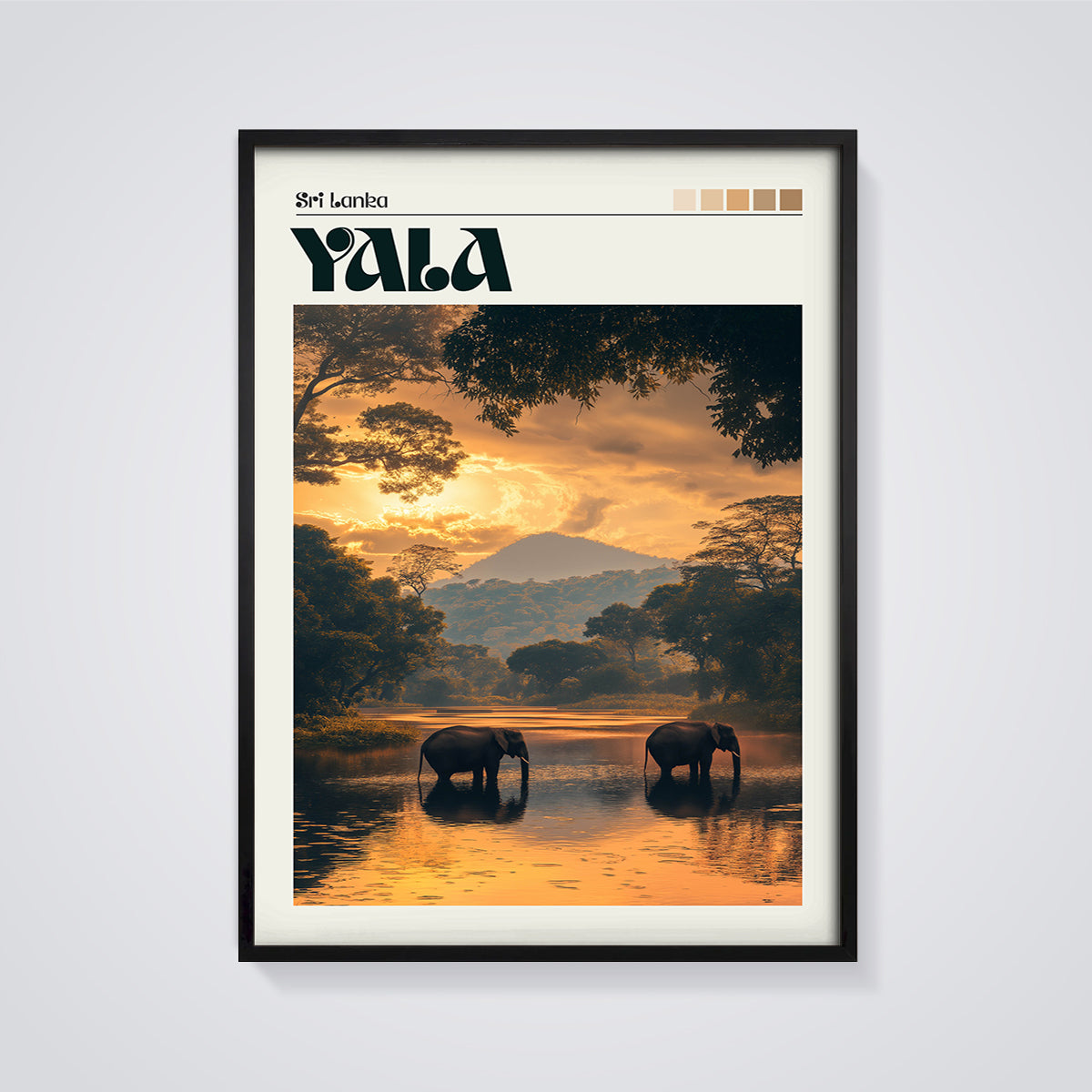Yala Sri Lanka Elephants Sunset Print framed in black on a grey background
