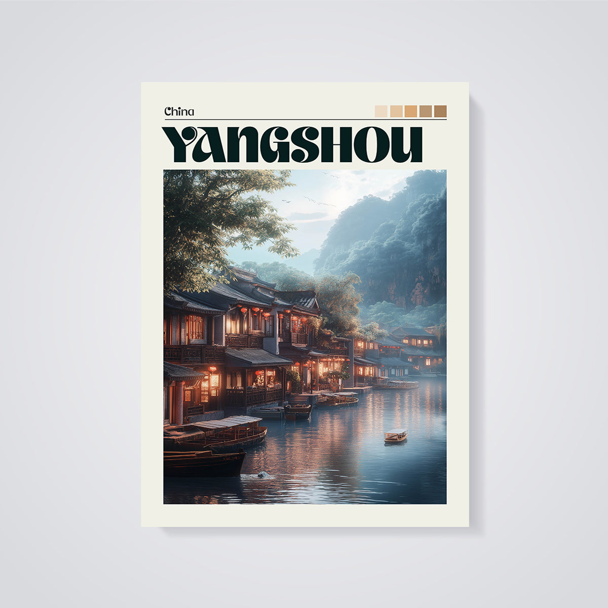 Yangshuo River Town Print unframed on a grey background