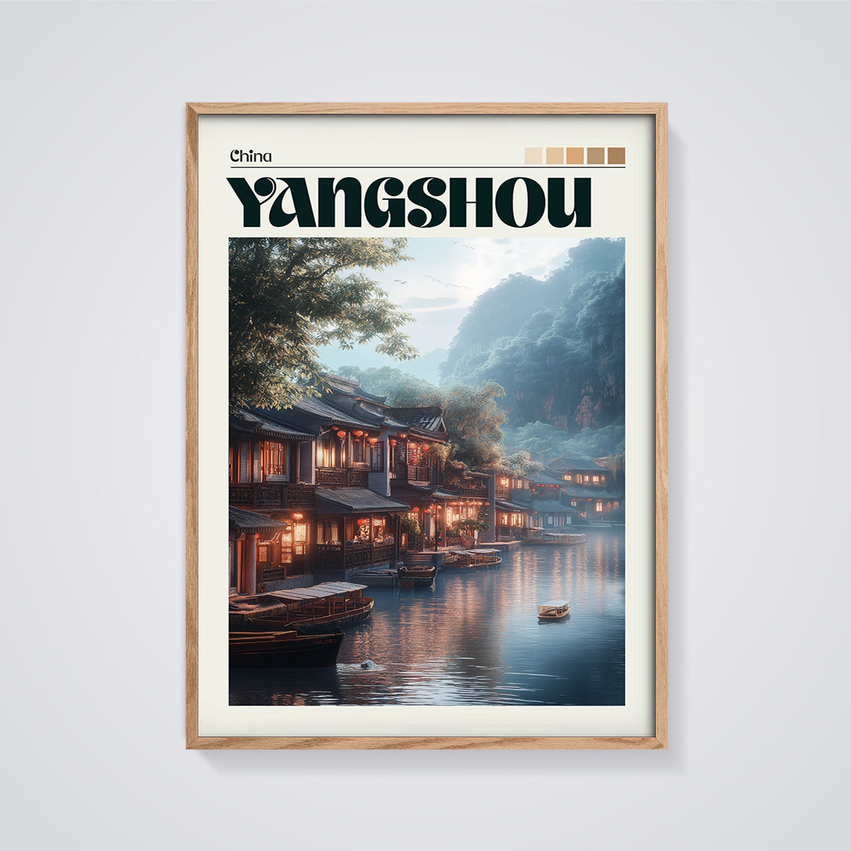 Yangshuo River Town Print framed in oak on a grey background