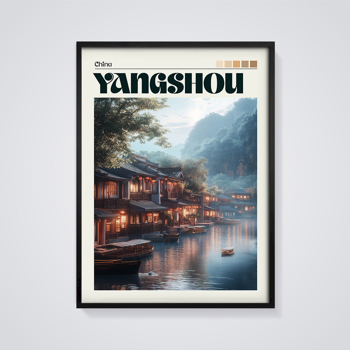 Yangshuo River Town Print framed in black on a grey background
