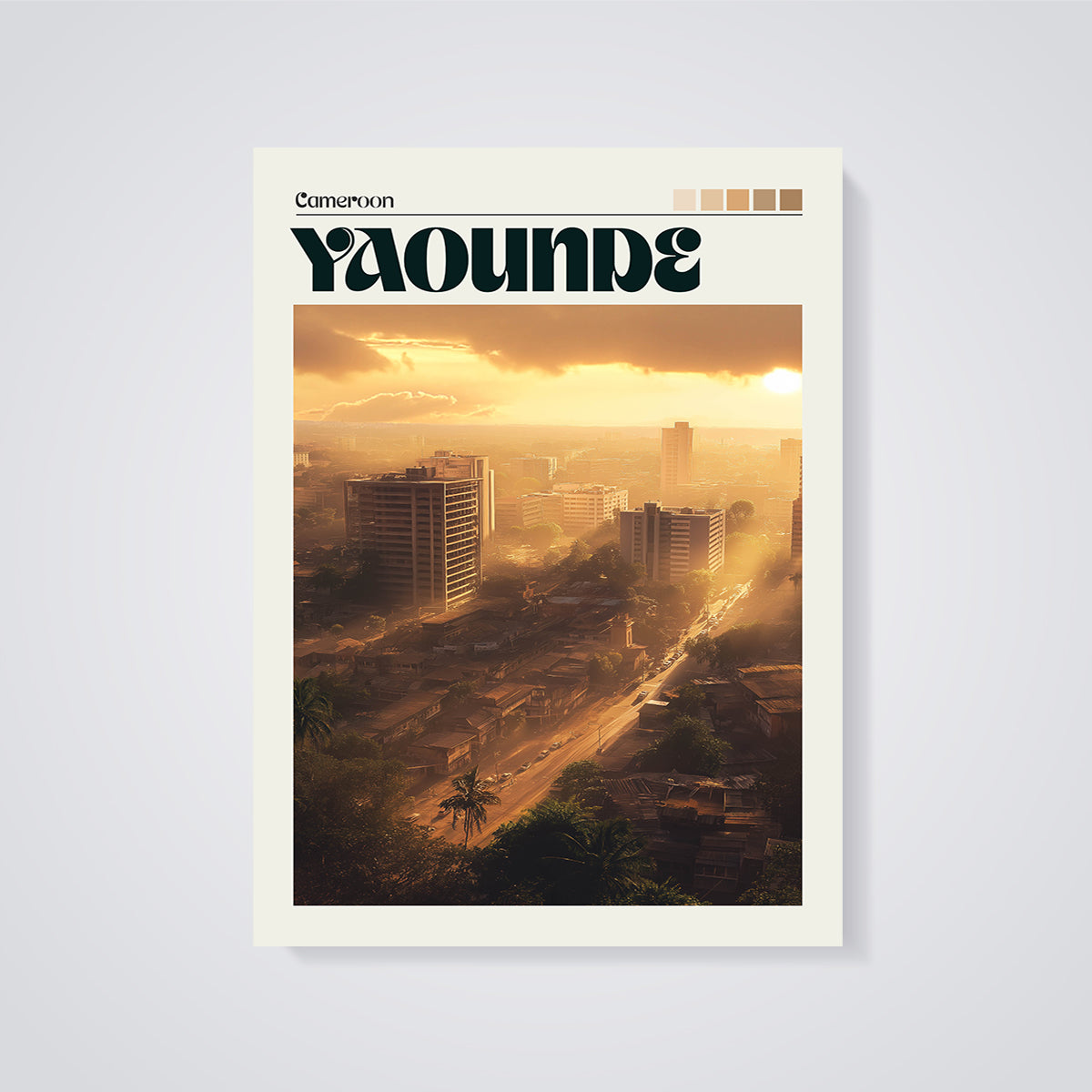 Yaounde Golden Hour City Print unframed on a grey background
