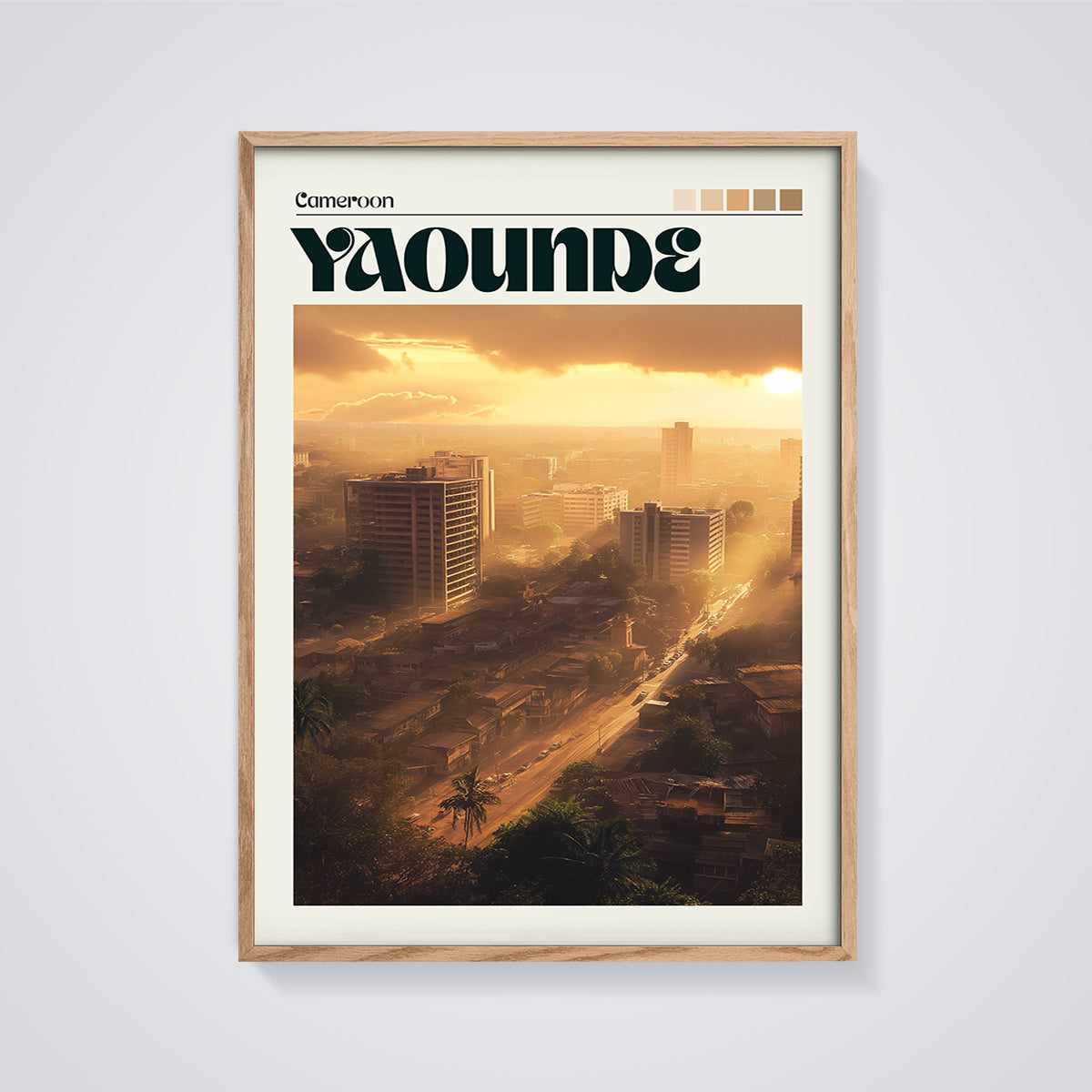 Yaounde Golden Hour City Print framed in oak on a grey background