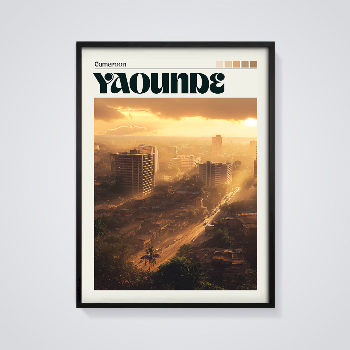 Yaounde Golden Hour City Print framed in black on a grey background